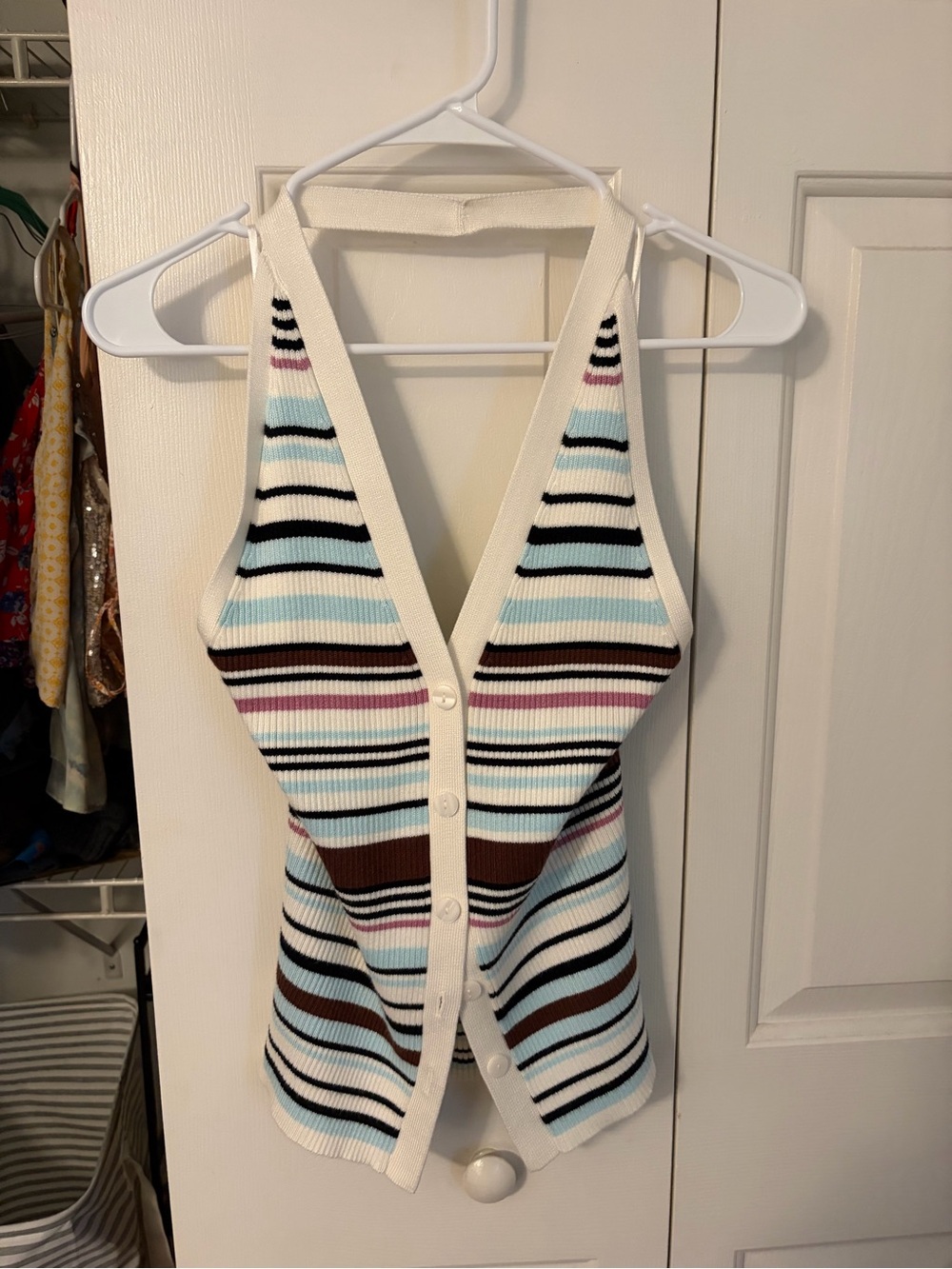 Abercrombie & Fitch Cream Ribbed Halter Tank with Blue, Brown and Black Stripes